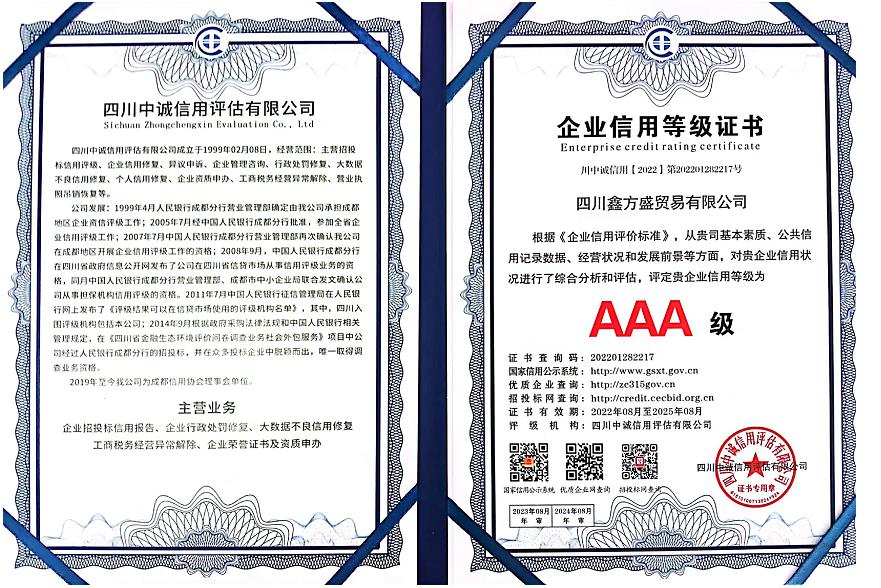 鑫方盛企業(yè)信用等級(jí)證書(shū)